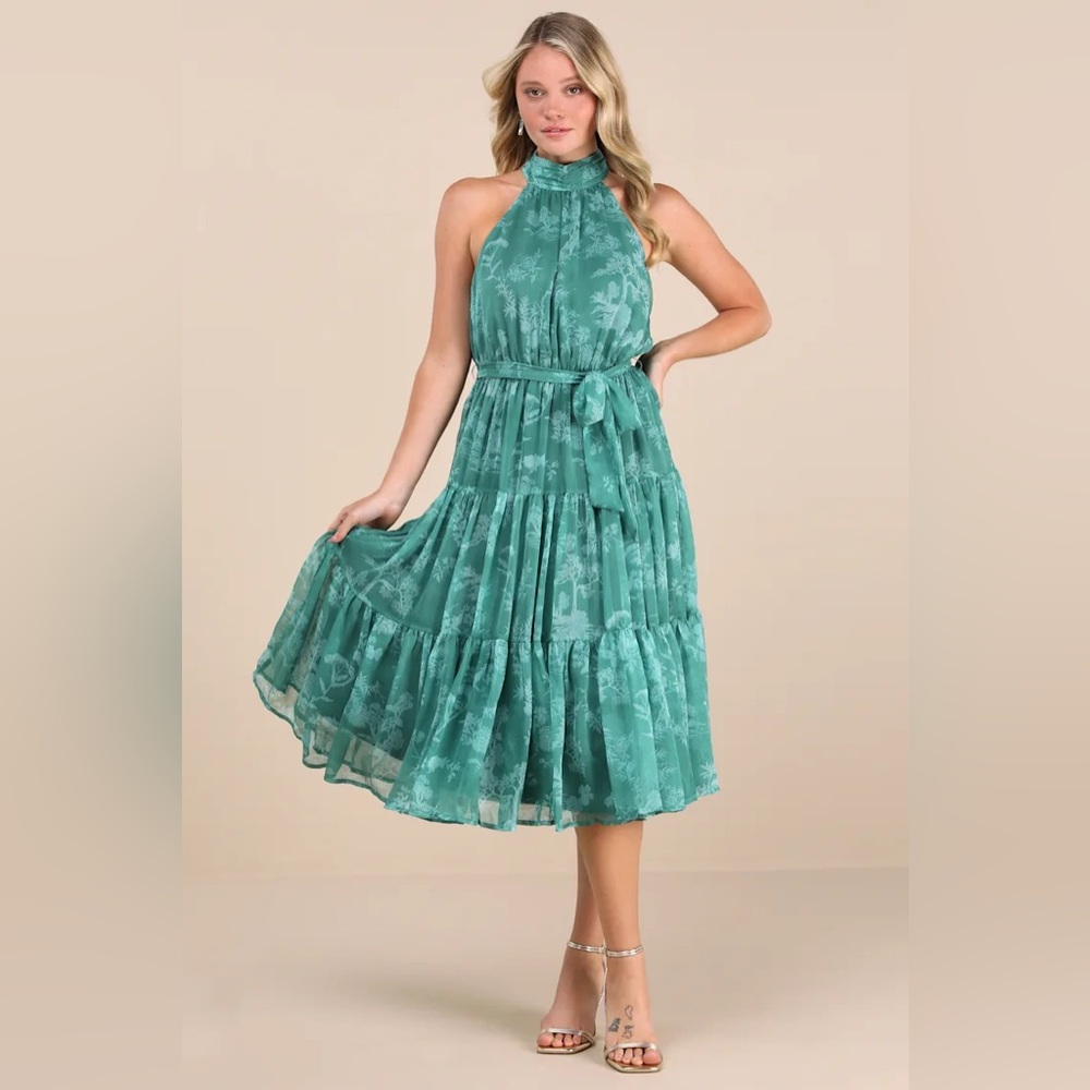 Float to You Green Floral Print Halter Tiered Midi Dress from Lulus